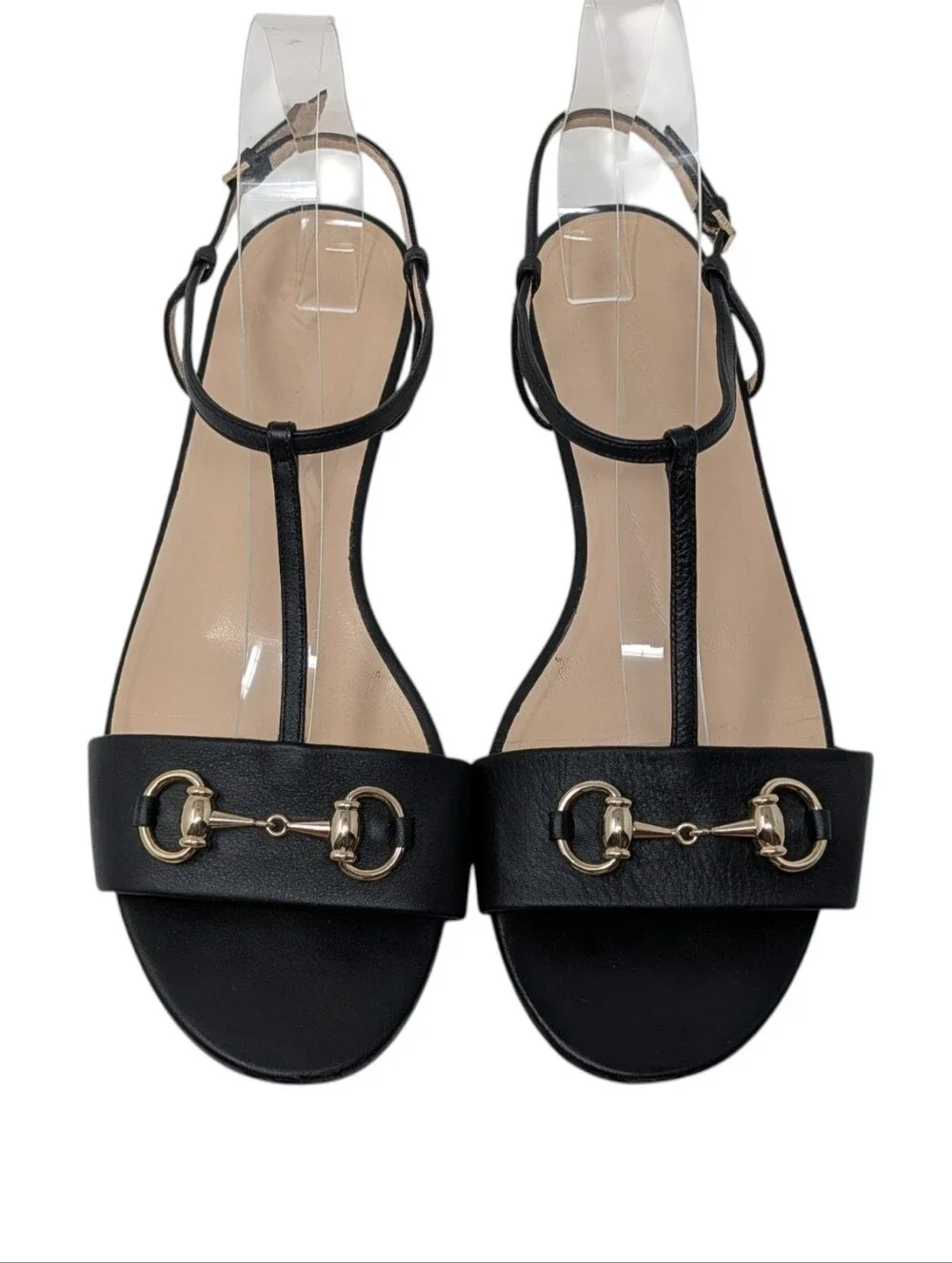 Gucci Horsebit Flat Black Leather T-Strap Sandals Size EU 40.5